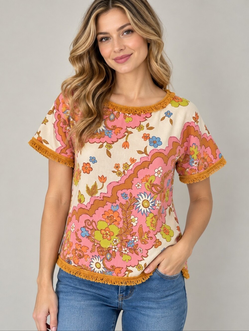 HANDMADE 1960s-1970s Flower Power Mod Burlap Short Sleeve Festival Blouse